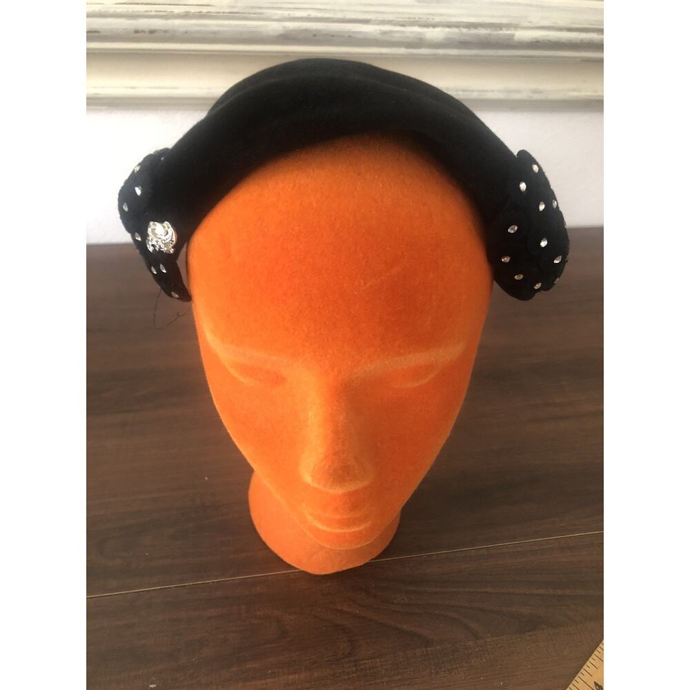 Peachbloom Velour Flapper Hat Body Genuine Imported Black Velvet VTG Rhinestone